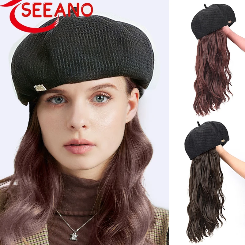 SEEANO Synthetic Medium And Long Wavy Hair Hat Black Dark Brown Wig Female Beautiful Beret Black Hat 2022 Spring Summer New