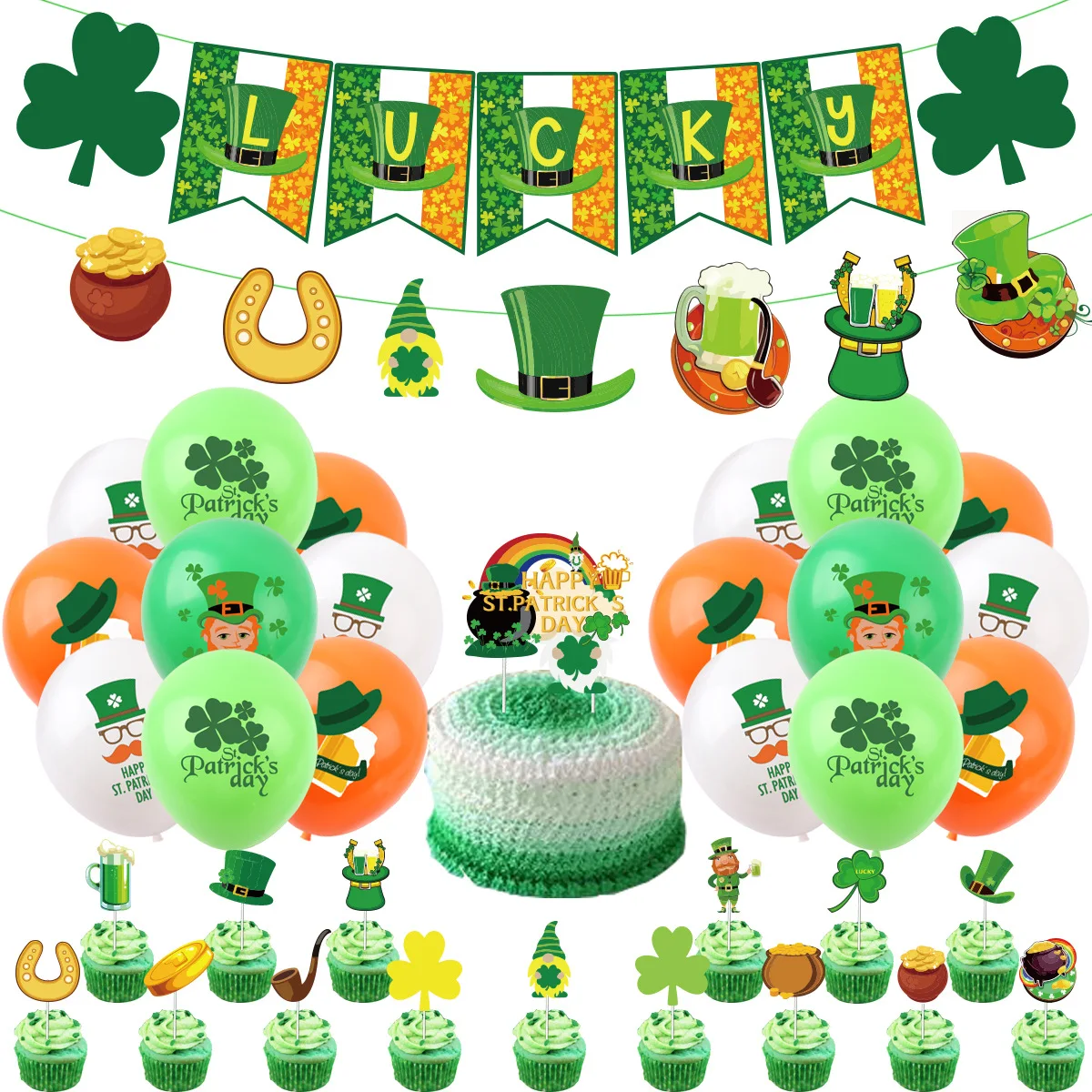 

SURSURPIRSE St Patrick's Day Green Orange Printed Latex Balloons LUCKY Banner Shamrock Cake Topper for Irish Festival Supplies