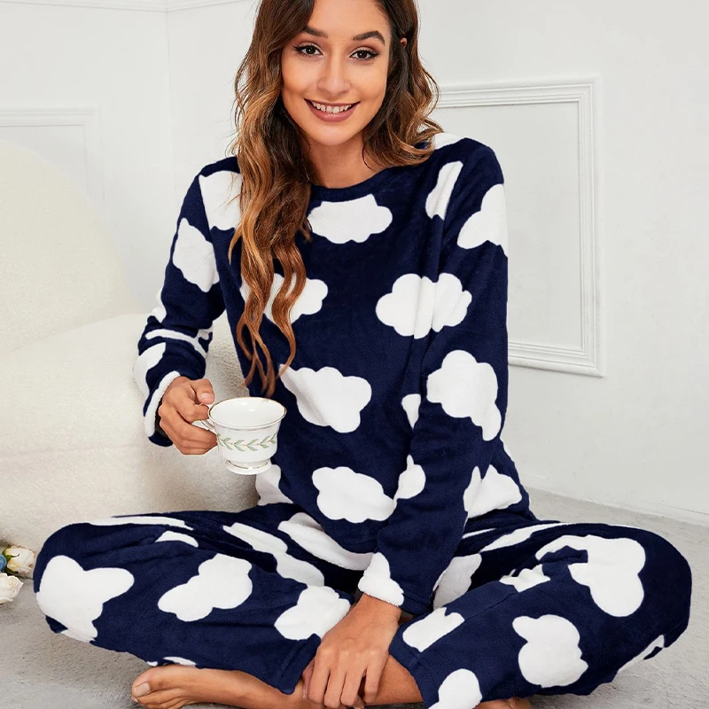 

Autumn Winter Kawaii Cartoon Pajama Sets Women Pyjamas Plaid Flannel Loung Sleepwear Girl Pijama Night Suits Homewear New Warm F