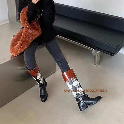 Женские кожаные сапоги до колена на среднем каблуке с круглым носком