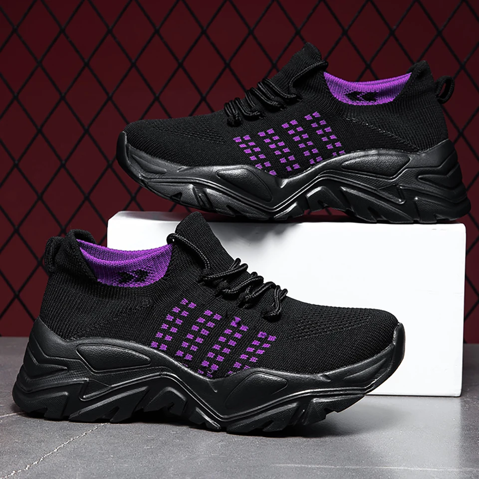 Loekeah Knitting Clunky Sneaker Breathable Ladies Casual Shoes Increased Walking Shoes Couple Fashion Lace-Up Platform Footwear