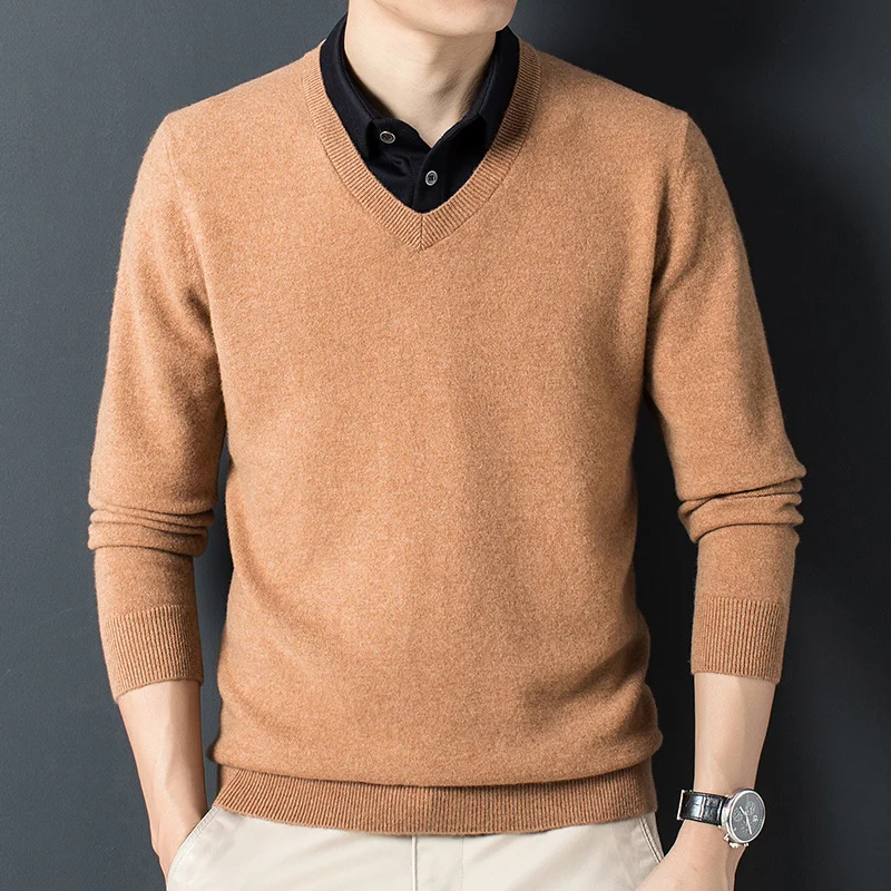 and Autumn winter new cashmere sweater men's fake two-piece sweater high-end shirt collar warm solid color bottomed sweater