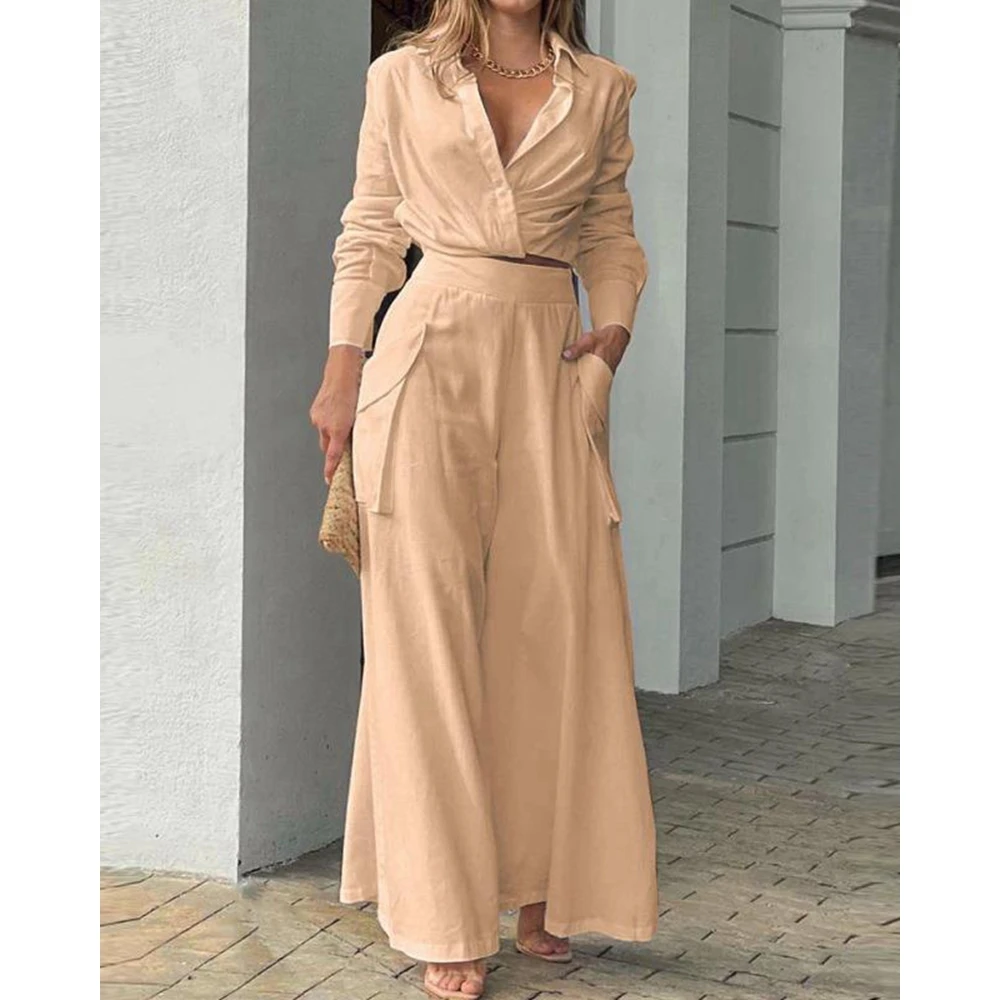 Women Casual V-Neck Ruched Long Sleeve Shirts & High Waist Pants Set Female Two Piece Suit Sets Outfits Set Summer Workwear