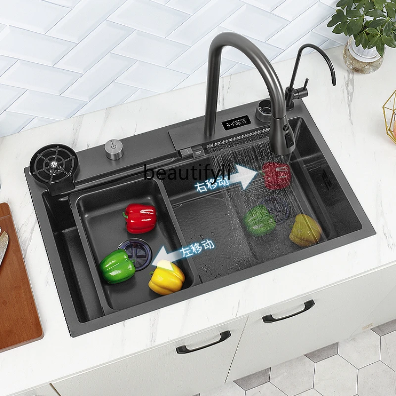 

Digital Display Feiyu Waterfall Sink Kitchen 304 Stainless Steel Vegetable Washing Basin Japanese Nano Large Single Sink Sink