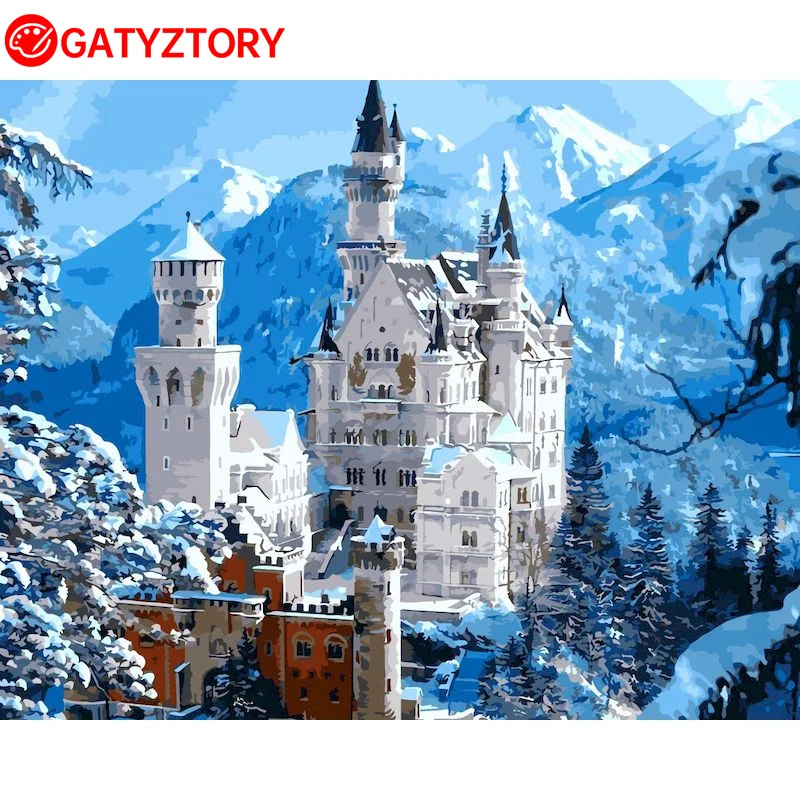 

GATYZTORY Oil Paint By Numbers White Castle Craft Kits For Adults DIY Frame Picture Drawing Canvas Landscape Wall Decor Art Supp