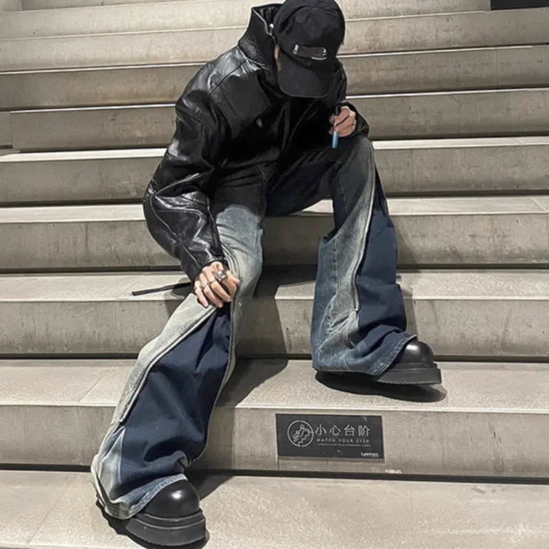 

23SS Rick Jeans для мужчин и женщин брюки Y2k Ro Owens расклешенные брюки Лоскутные уличные свободные напольные брюки на молнии градиентные цвета