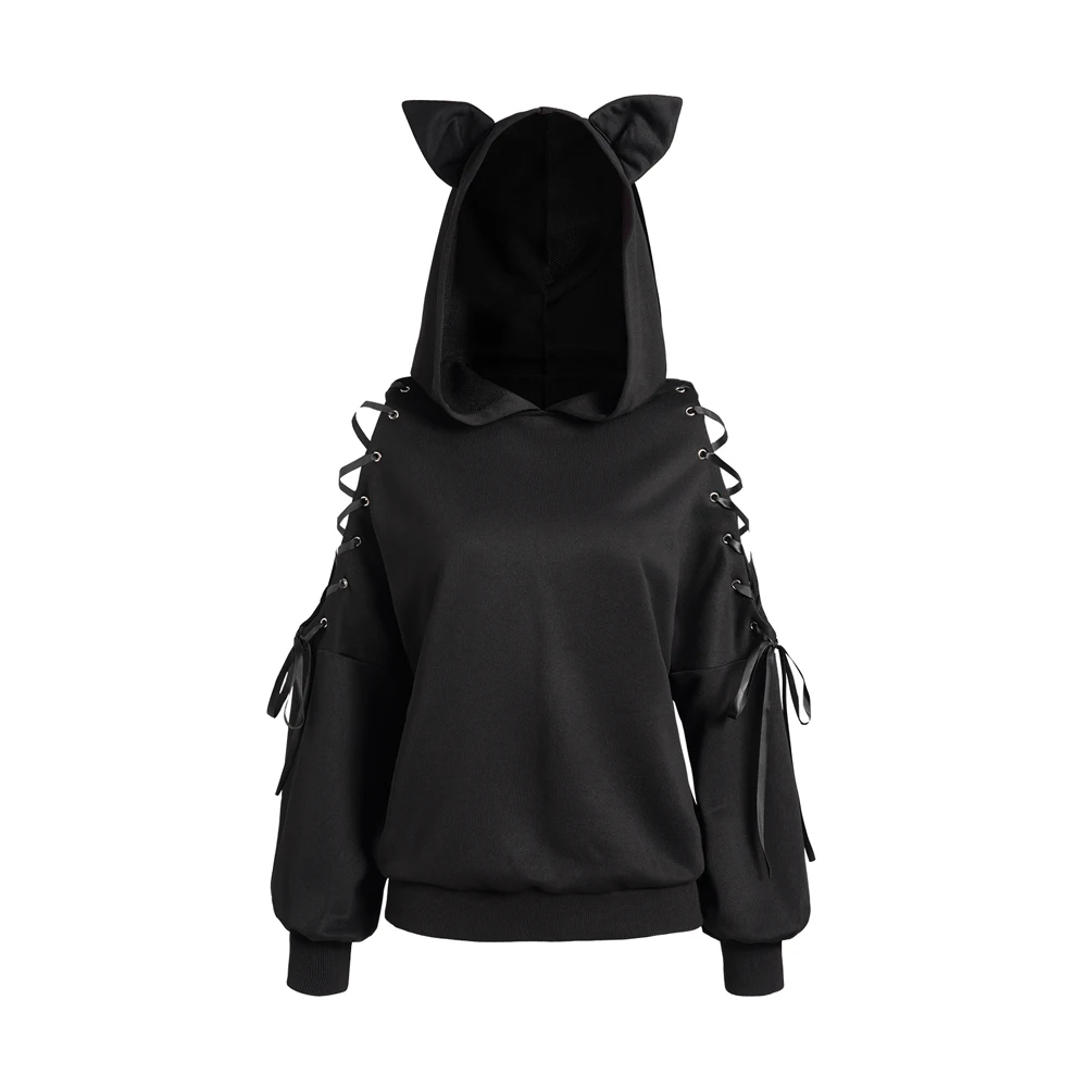 

Черное готическое платье Dressfo с длинным рукавом, вырезами, шнуровкой, спущенными плечами, однотонное худи в стиле панк