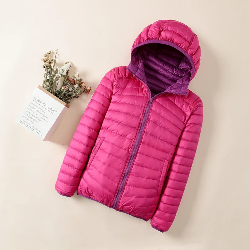 Women's Double-sided Down Jacket Winter Insulation Hooded White Duck Down Long Sleeved Jacket Light and Thin Solid Color Top