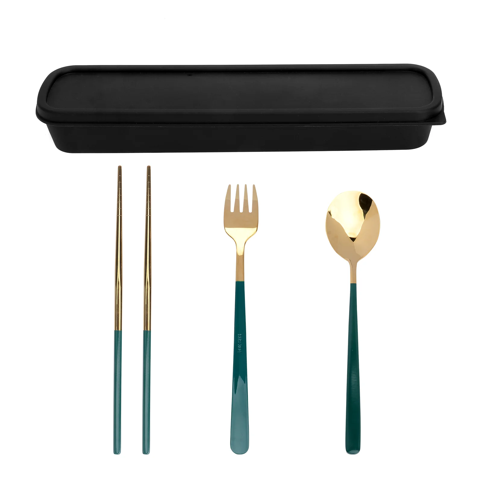 

1 Set Household Tableware Portable Chopstick Spoon Fork Flatware (Green Gold)