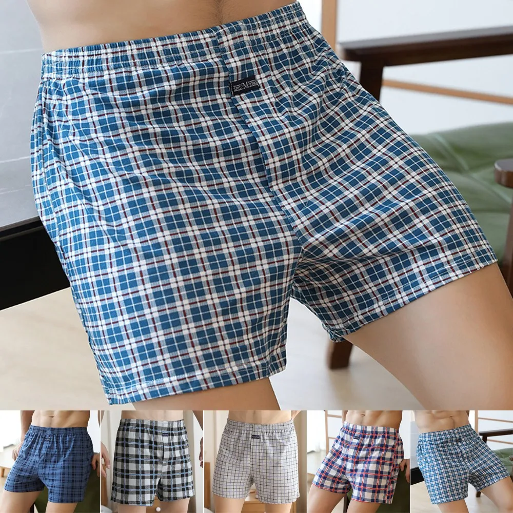 Men Plaid Boxer Brief Comfortable Home Underpants Mans Sleep Underwear Homewear Male Pajamas Loose Short