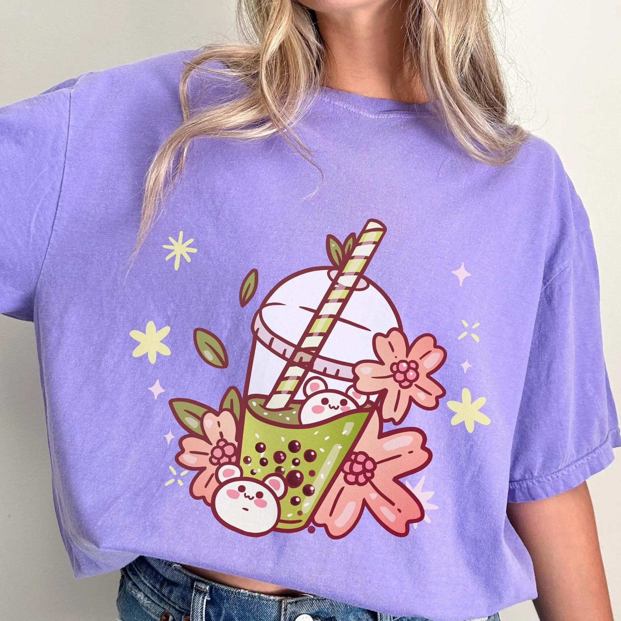 Удобная цветная чайная футболка Boba зеленая кавайная Аниме Сакура Цветущая