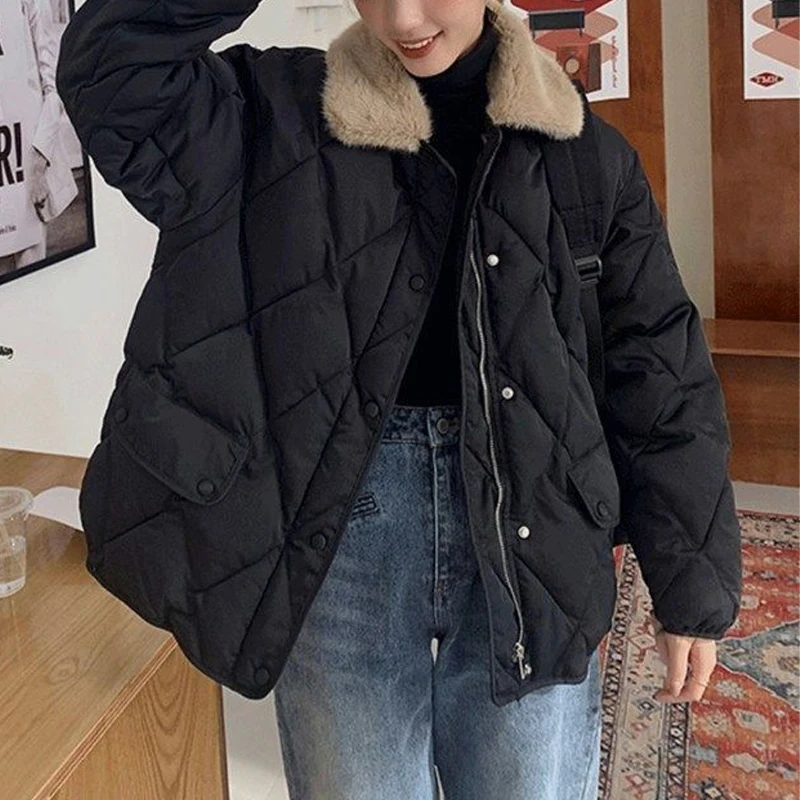 MOUKYUN Winter Simple Parkas Thick Warm Women Vintage Cotton Padded Coat Plush Lapel Baggy Long Sleeve Lady Down Jacket
