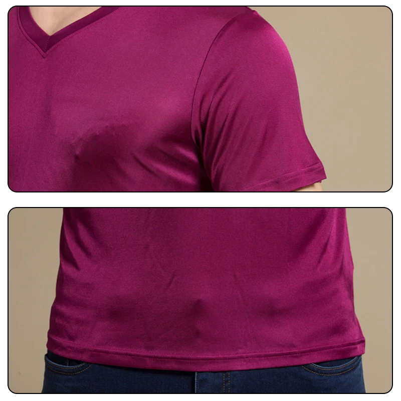 Mens V-Neck Undershirts Men Silk Knitted Seamless Short Sleeves Basics Shirts Summer Sexy Fitness Body Building Underwear