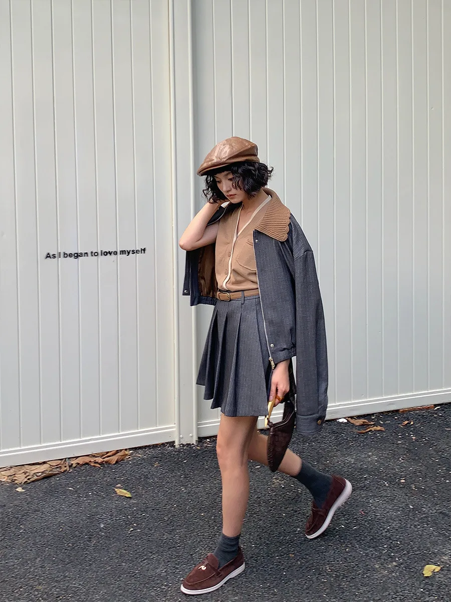 Neihe Wool Collar Stripe Waist Hugging Zip-up Jacket Baseball Uniform Long sleeve Top Outerwear Women Autumn