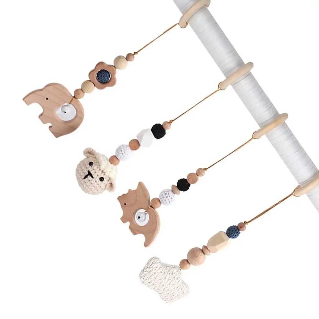 

4Pcs Wood Play Lightweight Removable Teething Ring Portable Hanging Pendant Wear-resistant Smooth Surface Baby Gym Toy