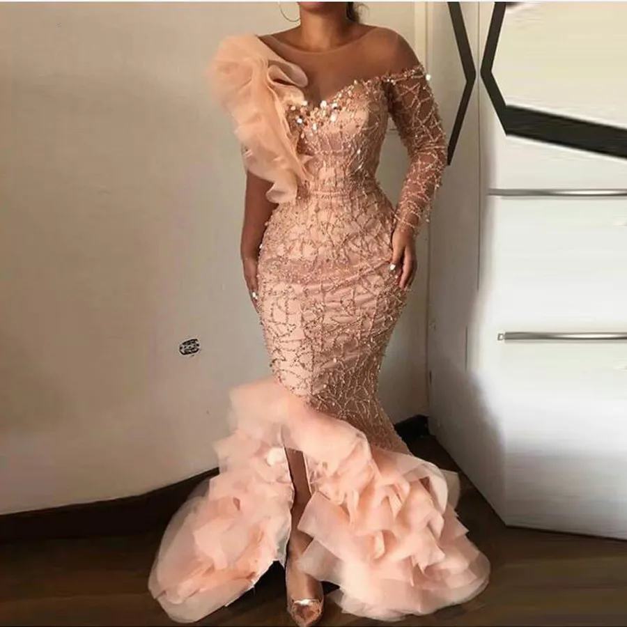 

Elegant Peach Sparkle Beaded Mermaid Evening Dresses Ruffles One Shoulder Sequined Long Evening Gowns Sexy Party Dresses