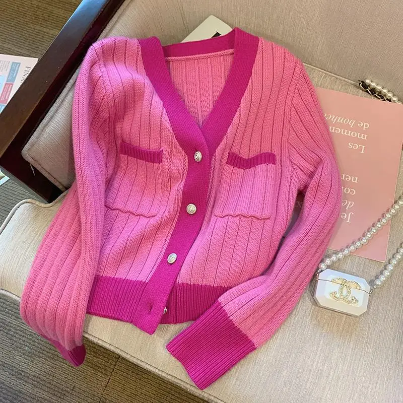 

Women Sweaters V-neck Kintted Long Sleeve A-straight Patchwork Single Breasted Coat Pockets Fashion Warm Casual Cardigan D20