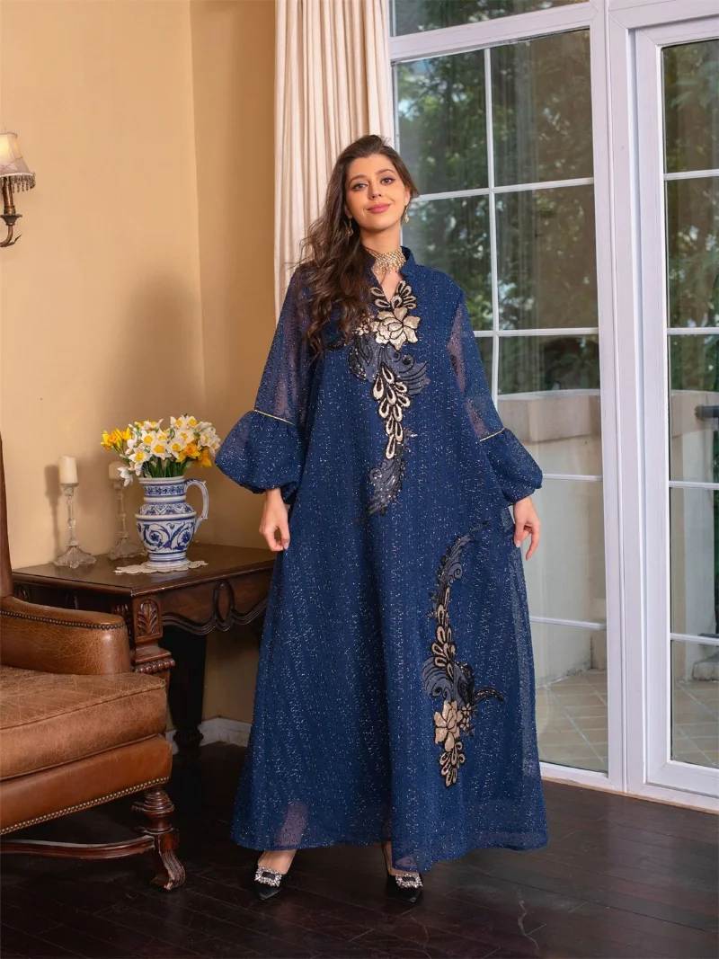Abaya Luxury Appliques V-Neck Petal Sleeve Belted Dress Jalabiyat Ramadan Modest Clothing Women 2023 Spring Autumn New