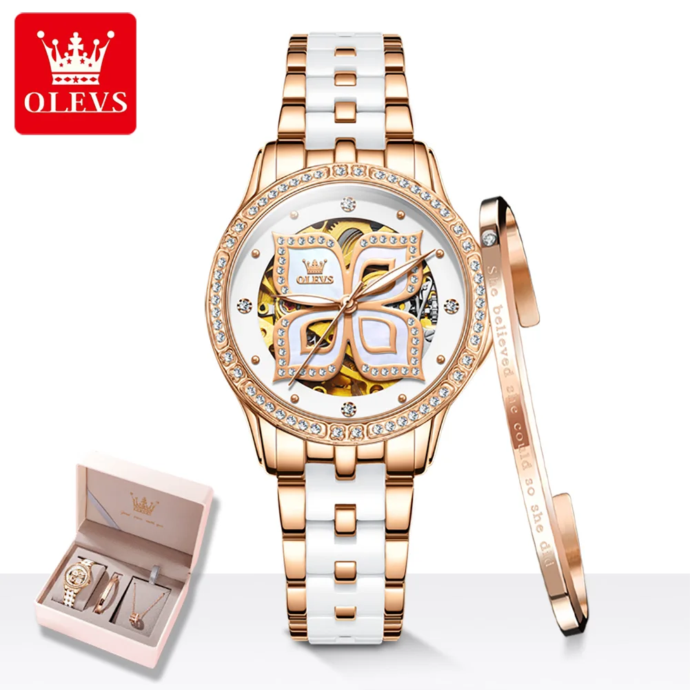 OLEVS Luxury Ceramics Watch Women Bracelet Waterproof Automatic Mechanical Watches Jewelry Set Ladies Clock Gift Top Brand