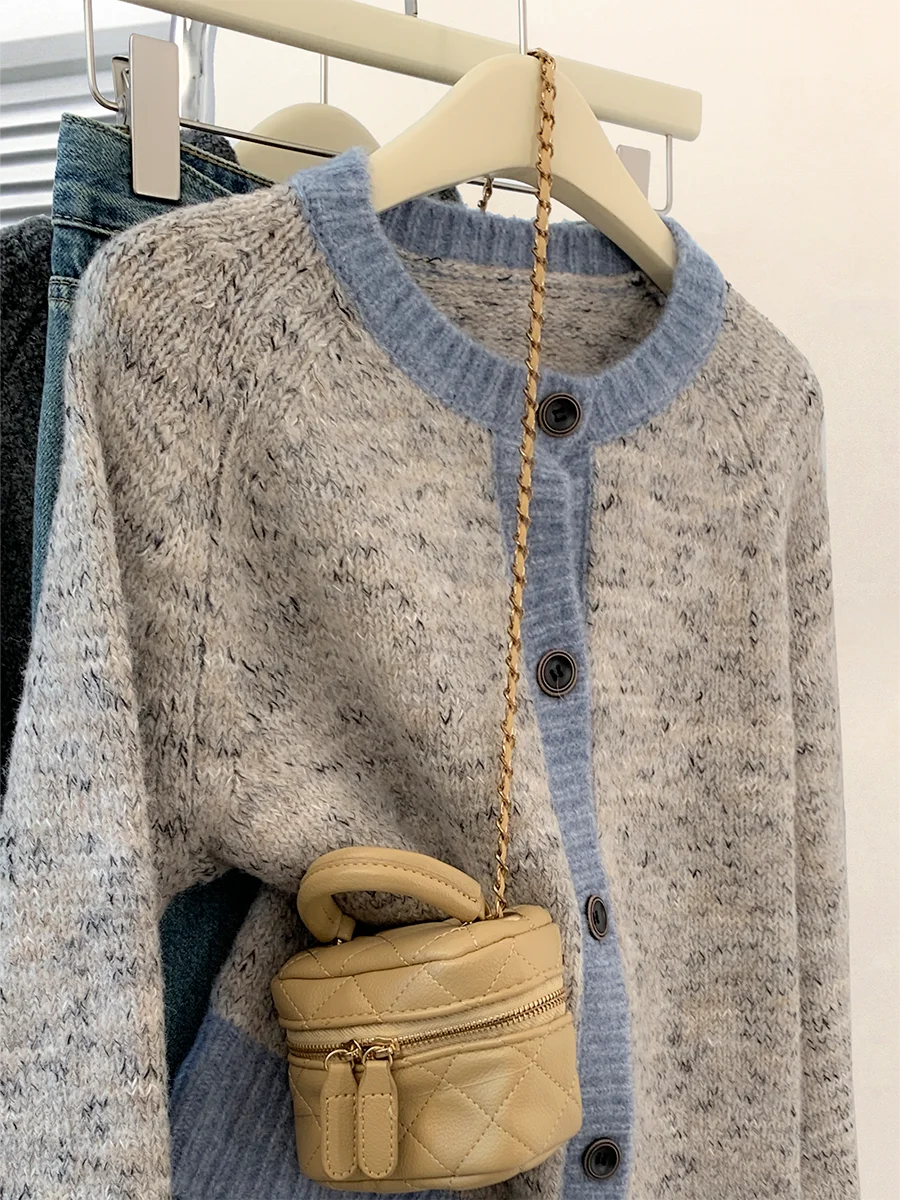 Gray Raccoon Velvet Contrast Color Sweater Cardigan Outerwear Women Autumn and Winter 2024 New Small Short Knit