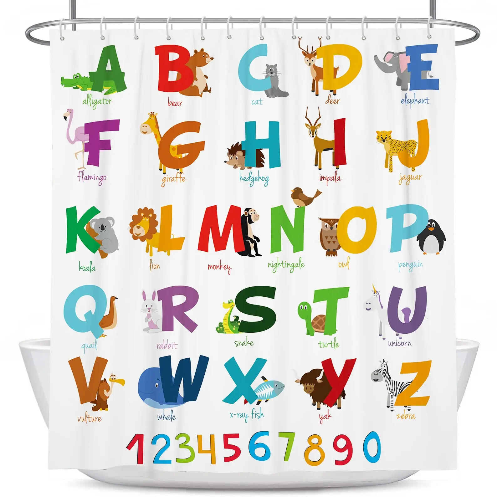 

Alphabet Shower Curtain ABC Educational Learning Tool Large A To Z Washable Durable Polyester Fabric Bathroom Set Decor,Hooks