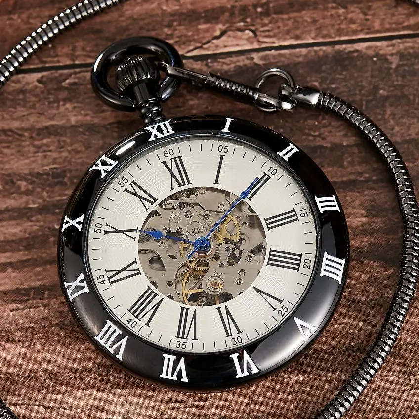 

Luxury Copper Silver Automatic Mechanical Pocket Watch Clock Fob Chain Watch Men Roman Numbers Clock High Quality Pocket Watches
