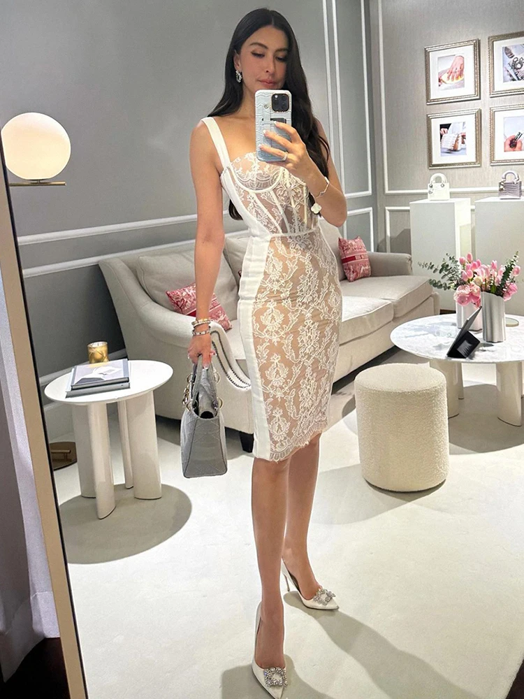 Женское кружевное Бандажное платье без рукавов белое лоскутное коктейльное на