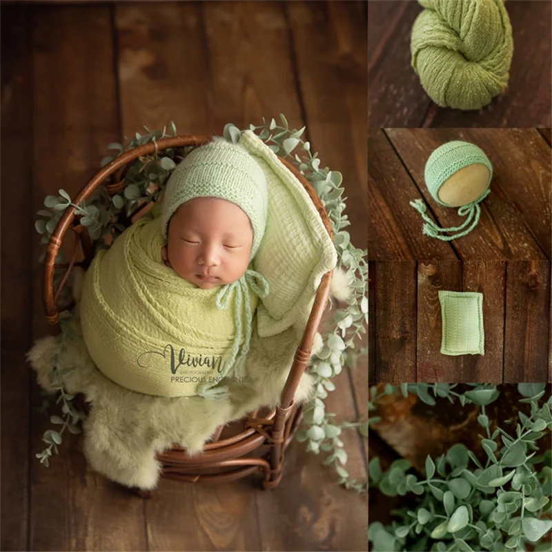 Newborn Baby Photography Props Vintage Rattan Crib Posing Chair Green Hat Wrap Pillow Blanket Mat Studio Photo Shooting Props