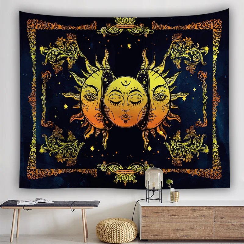 Golden Sun Moon God Tapestry Wall Hanging Totem Home Decoration Divine India Black Background Wall Cloth Tapestries Room Decor