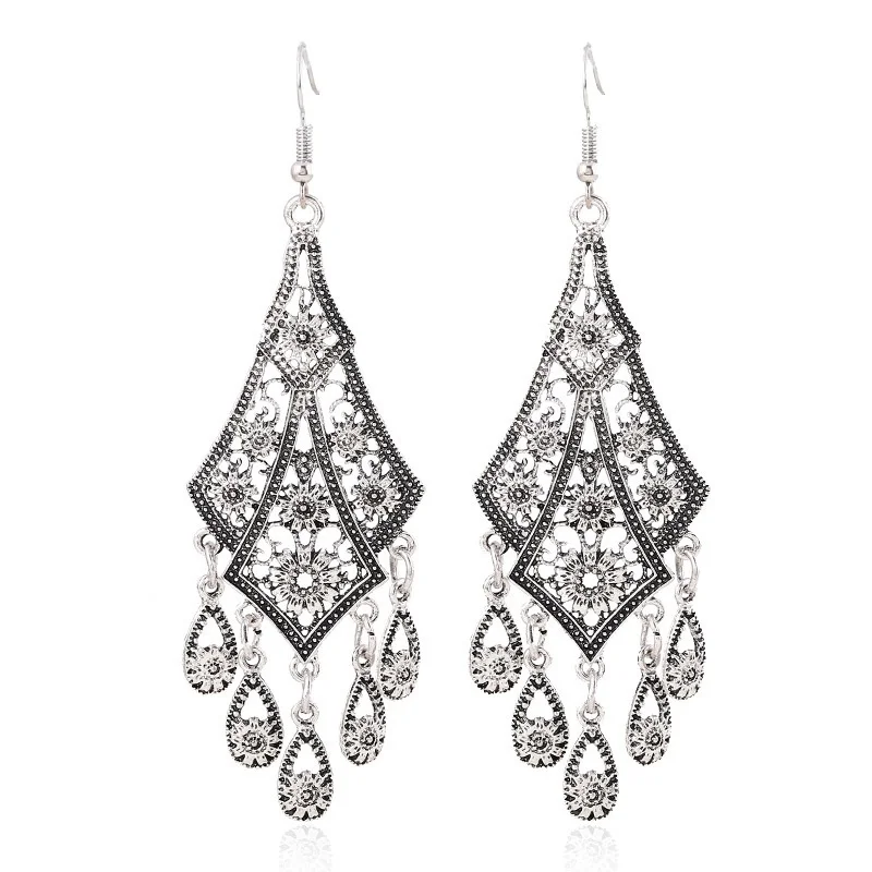 

KYTRD Delysia King Bohemian Retro Hollow Carved Flower Long Dangle Earring Ethnic Vintage Water Drop Tassel Earrings Jewelry