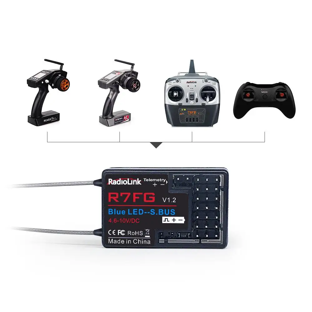 

Radiolink R7FG 7CH 2.4G Gyro and Two-Way Transmission Telemetry Long Range FPV Car and Boat Receiver for RC6GS RC4GS T8S T8FB