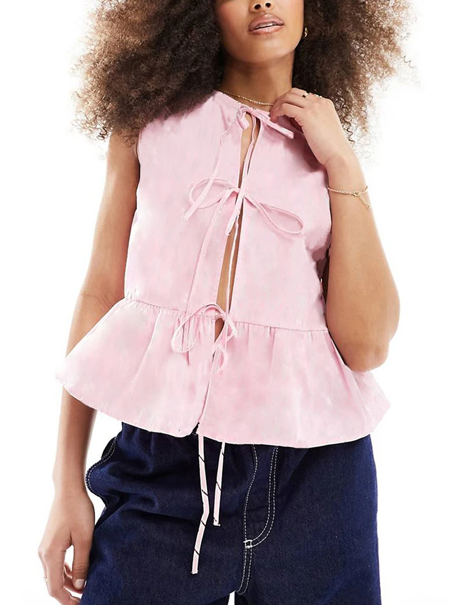 Майка женская клетчатая без рукавов с круглым вырезом и оборками