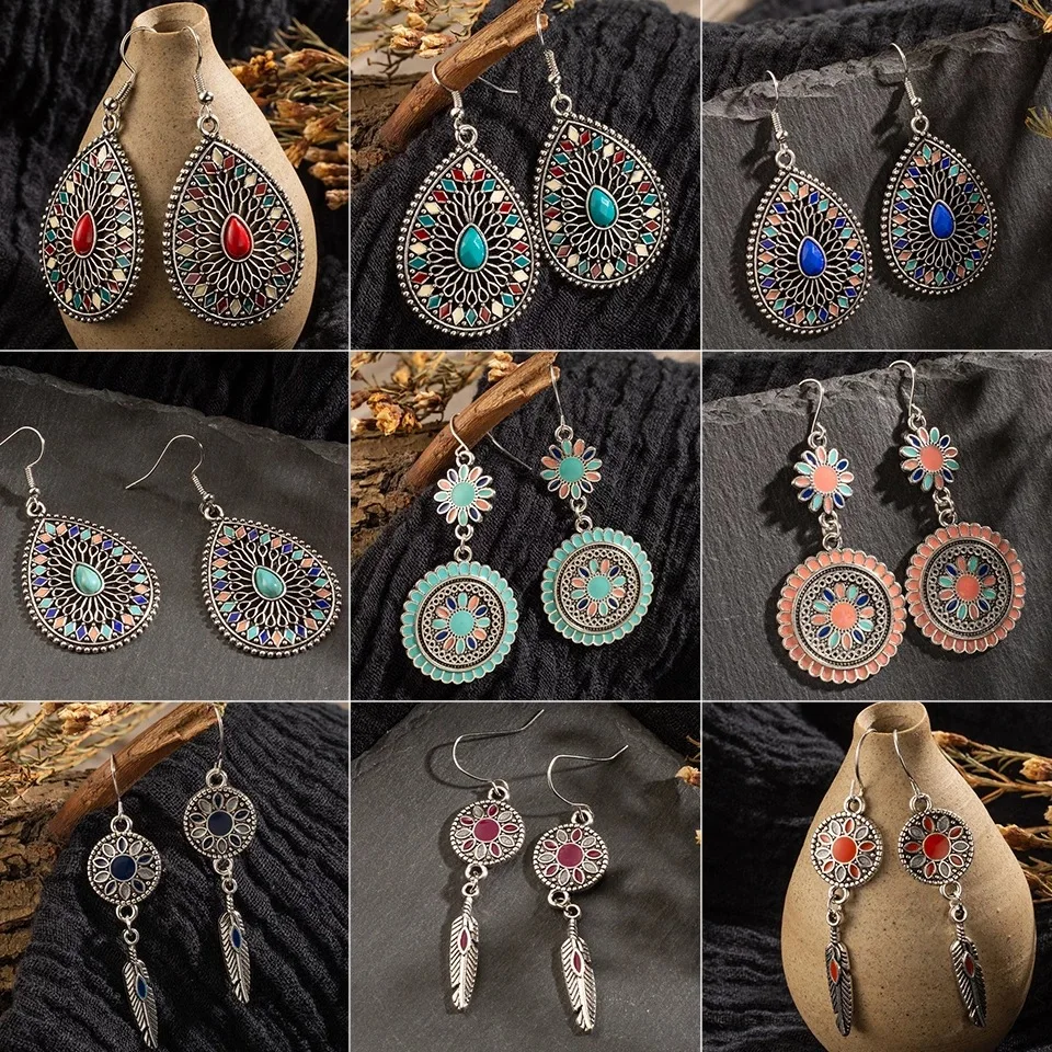

Vintage Ethnic Flower Oil Drop Dangle Hanging Earrings for Women Female Fashion Lovely Ear Ornaments Jewelry Accessories