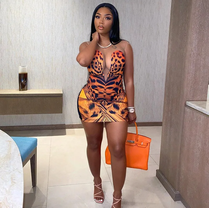 

Summer Sleeveless Leopard Printed Mini Hip Dress Streetwear Clubwear Evening V-Neck Birthday Sexy Dresses for Women 2022 Party