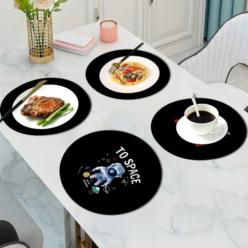 

22*22cm Round PU Heat Insulation Pad Coasters Waterproof Non-slip Table Placemat Leather Astronaut Print Kitchen Accessories