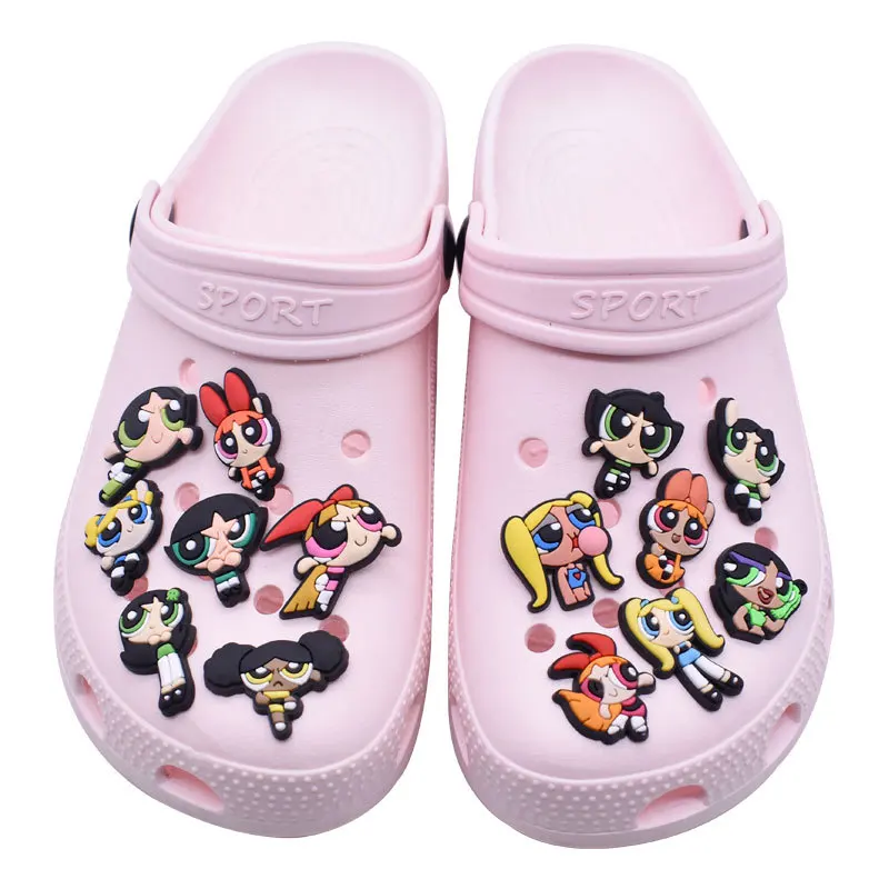 1pcs Single Sale The Powerpuff Girls PVC Shoe Buckle Sneakers Souvenir Croc Charms Cartoons Decorations Kids Party X-mas Gifts