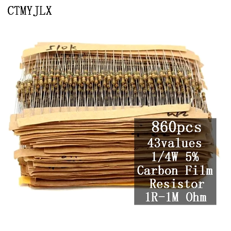 

860pcs Carbon Film Resistor Kit 1/4W 5% Resistors Assorted Kit Set 43values*20pcs Resistance 1R - 1M Ohm 0.25W Resistor Pack