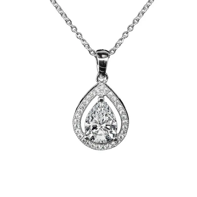 

Isabel 18k White Gold Halo Teardrop Pendant Necklace - Silver Halo Necklace with Solitaire Round Cut Cubic Zirconia Crystal