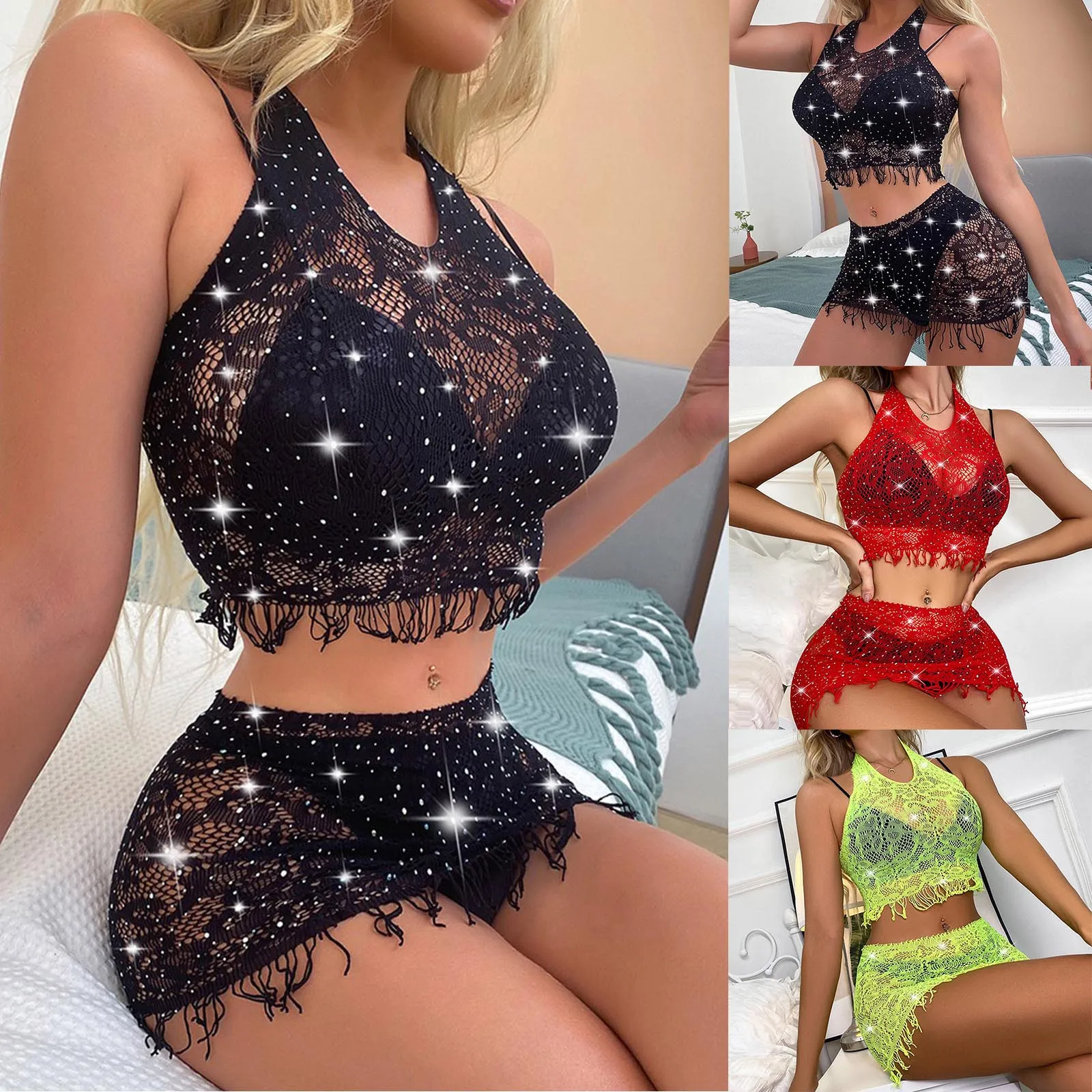 

Women's Underwear Hot Rhinestone Sexy Lingerie See Through Lace Erotic Costumes Sensual Lingerie Woman Underwear Set Bra Thong