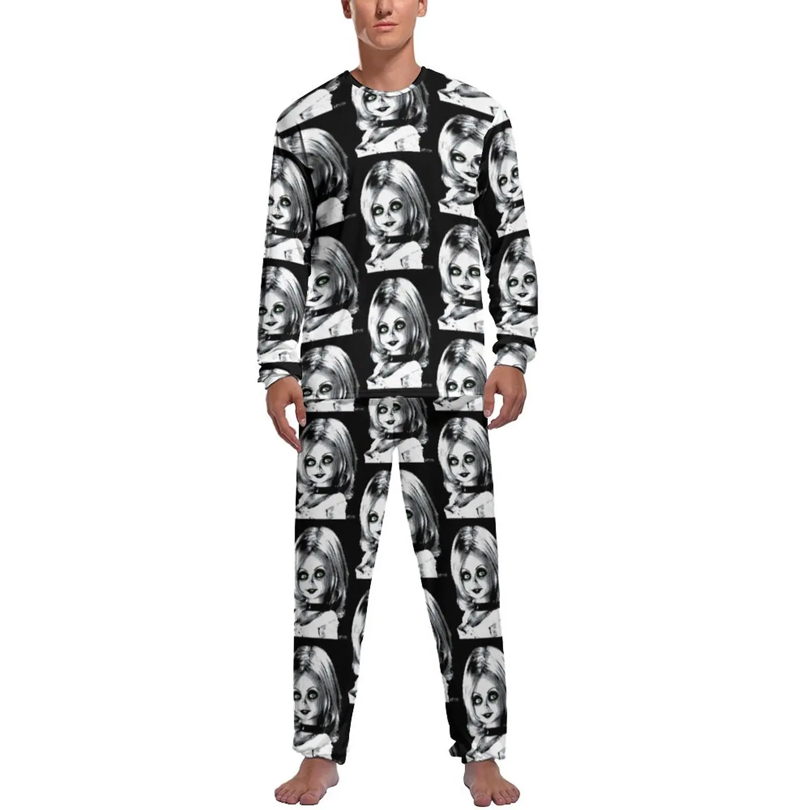 

Пижама Чаки, осень, 2 предмета, Женский пижамный комплект из мультфильма «ужасы», симпатичная Мужская пижама с длинным рукавом и ночным принтом