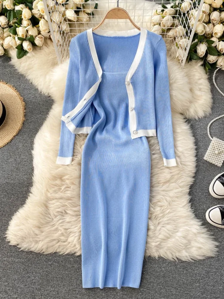 

Вязаное платье, комплект из двух предметов, женский весенний костюм, новый кардиган с V-образным вырезом, пальто и облегающее платье на бретелях-спагетти, свитер, наряды