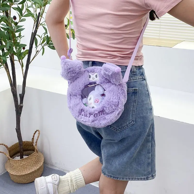 Sanrio Kuromi Cartoon Backpack Melody Cinnamoroll Portable Crossbody Bag Plush Zipper Soft and Adorable Storage Purse Handbag