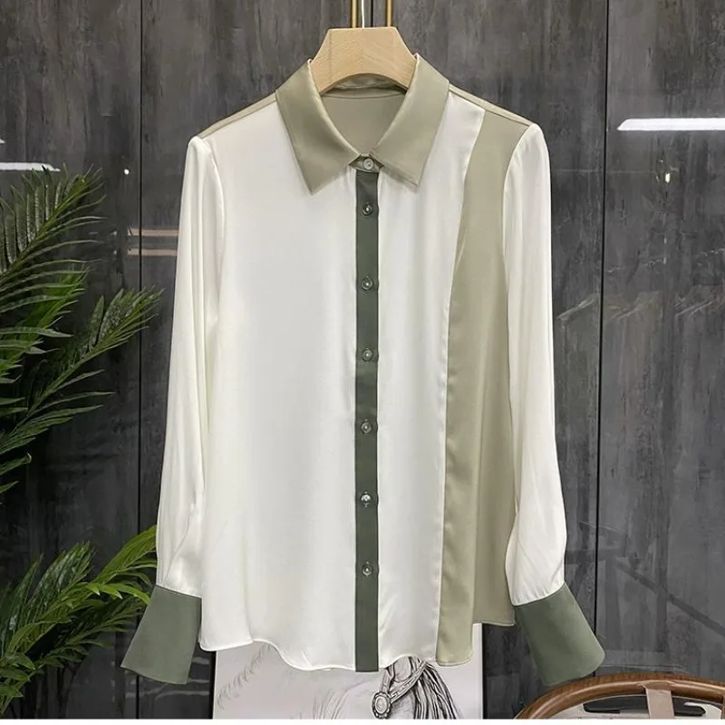 

Fashion Woman Blouse 2023 Long Sleeve Satin Shirts Contrasting Colors Women Camisas De Mujer Tops