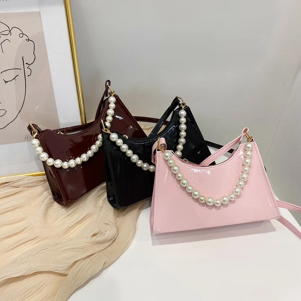 

Fashion Women Pure Color Shiny Shoulder Bag Casual Ladies Pearl PU Hobos Handbag Women's Fashion Leather Handbags