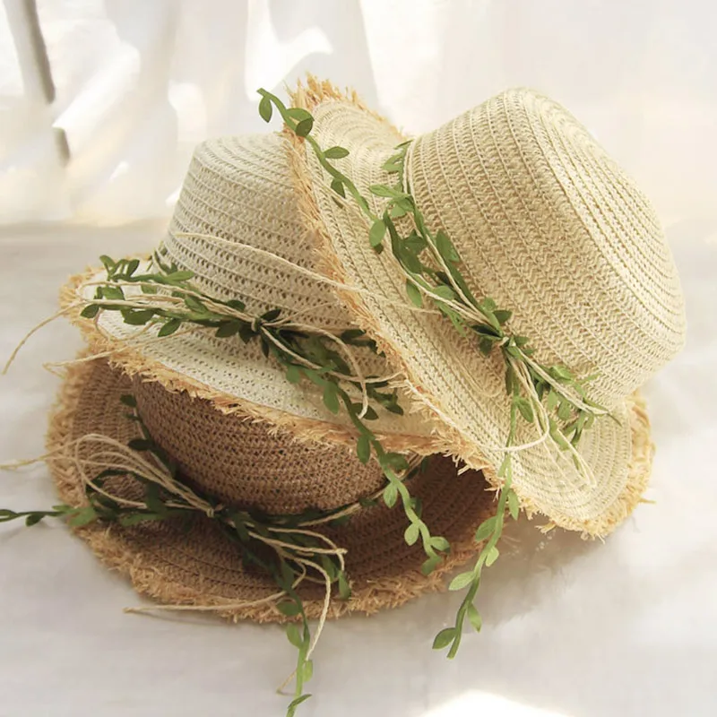 

New Straw Hat Leaf Rattan Bowknot Ladies Panama Spring Summer Travel Beach Flat Top Caps Women Sun Visor Wide Brim Bucket Hat