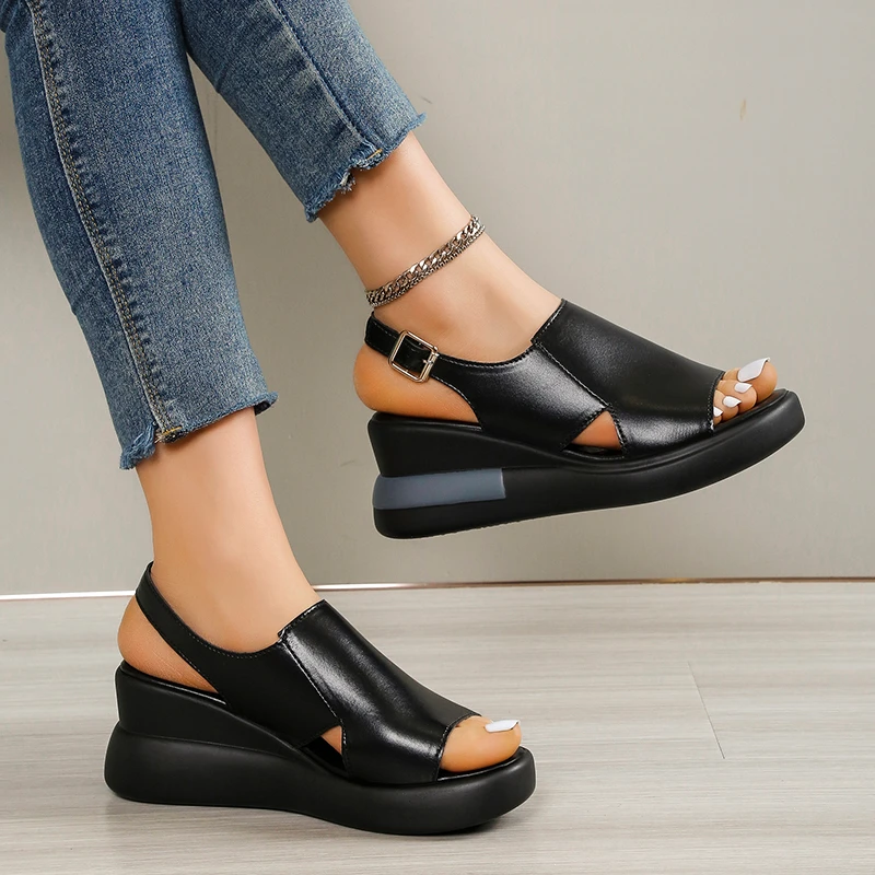

2023 Summer Sandals Women Wedge Sandals Solid Color Open Toe High Heels Casual Ladies Buckle Strap Fashion Women Sandals Mujer