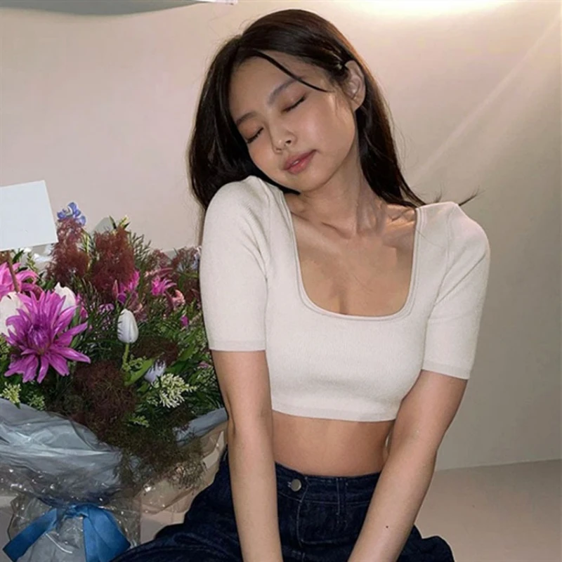 

Kpop Girl Group Korean Crop Top Women Short Sleeve Tees Summer Slim Square Neck T-shirts Knit Top Sexy Streetwear White Tshirt