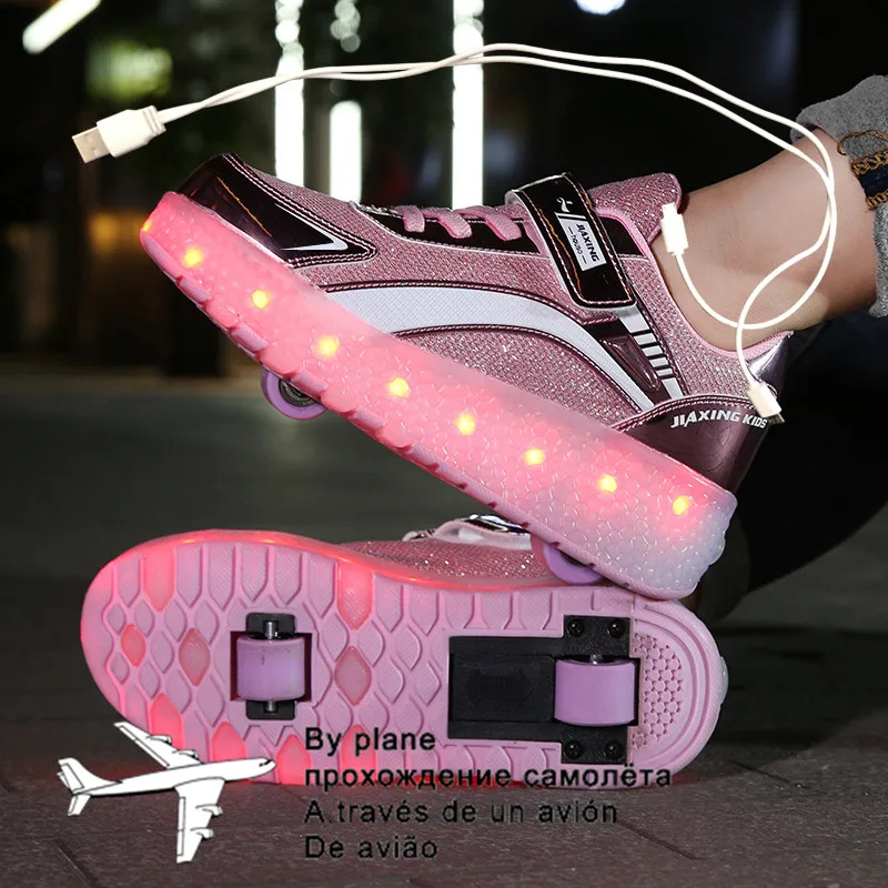 USB Charging Children Roller Skate Casual Shoes Boys Girl Automatic Jazzy LED Lighted Flashing Kids Glowing Sneakers with Wheels