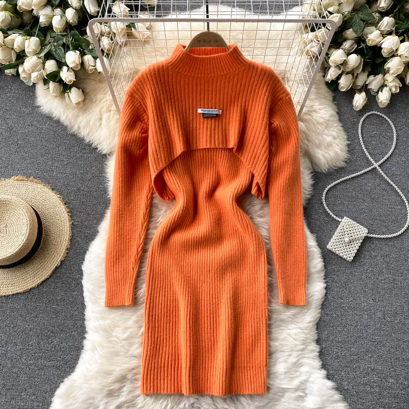 

Autumn and Winter Pure Desire Wind Knitted Suspenders Slim Dress Design Sense Half High Neck Cover-up Two-piece Set