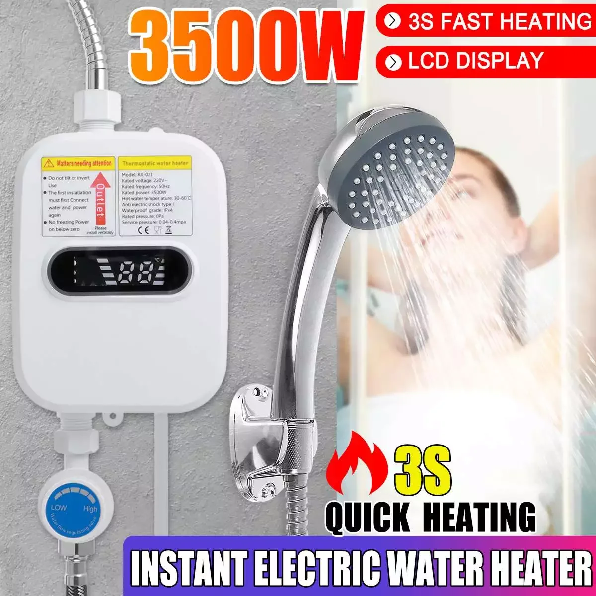 

New in 110V 220V Instant Water Heater Shower 3S Heating Bathroom Kitchen Tankless Water Heater Temperature Display heater air c